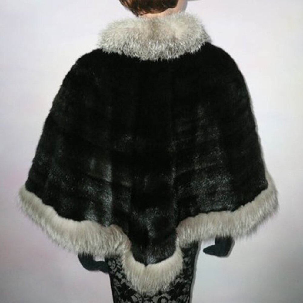 MINT cond GENUINE fully let out SAGA black MINK FUR cape with pastel FOX trim - Picture 10 of 10